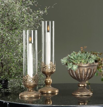 Foto: Ljuslyktor i glas med guldbrun patina 38cm