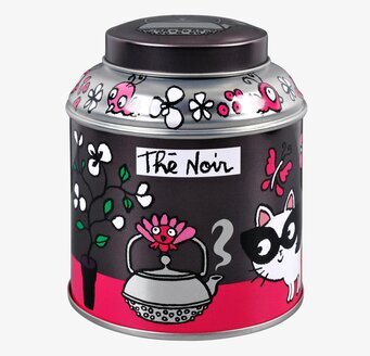 Bild av charmig plåtburk med kattmotiv och te-tema