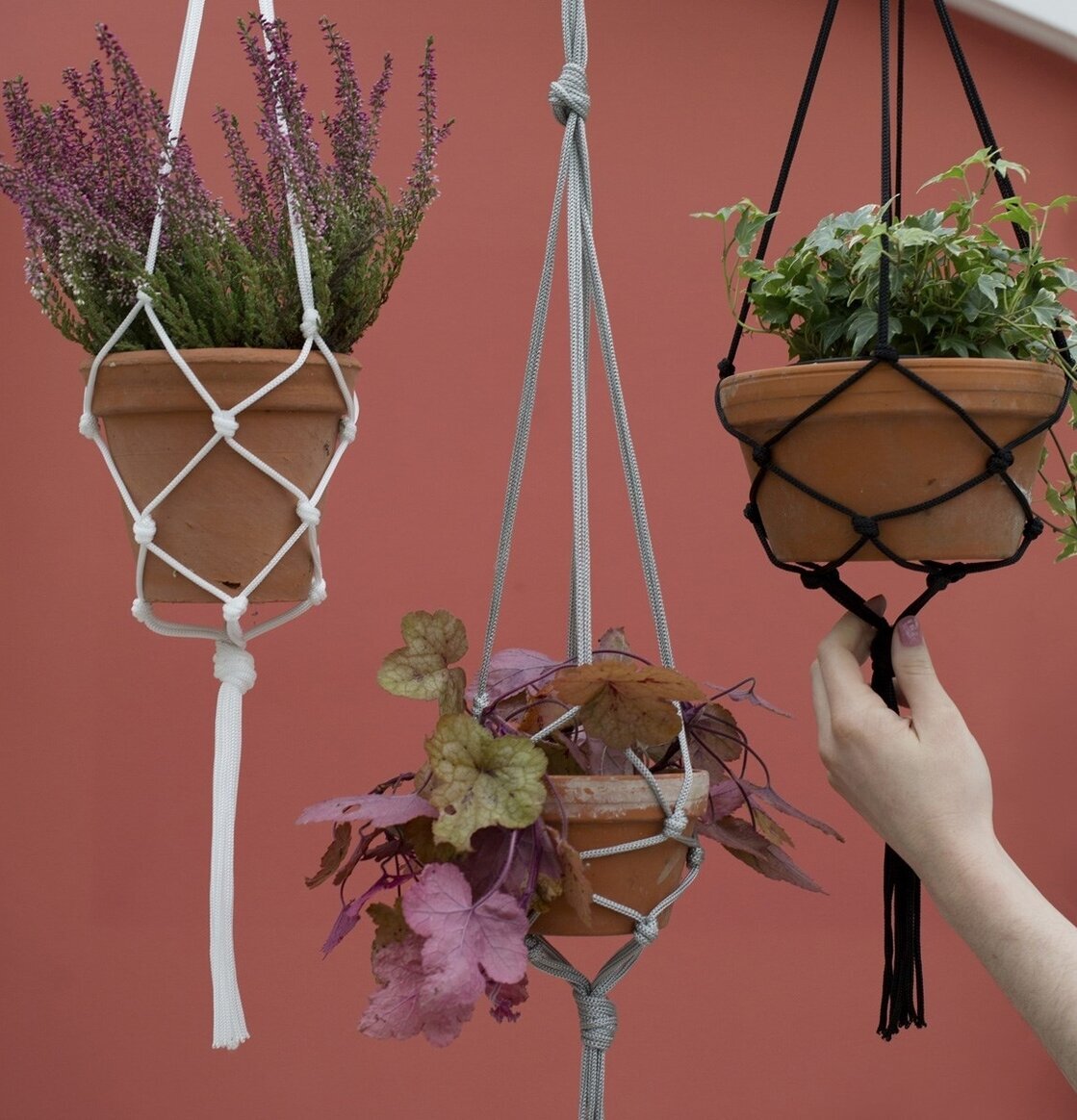 Ampel från Sass & Belle i tre färger, hängande mot röd vägg