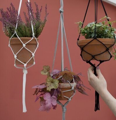 Ampel från Sass & Belle i tre färger, hängande mot röd vägg