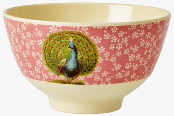 Skål Peacock Print från Rice med livfullt påfågelmotiv