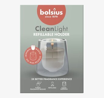 Foto på doftljus med glashållare i grågrön förp.