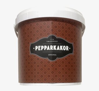 Foto på burk med pepparkakor – brun etikett vit bakgrund