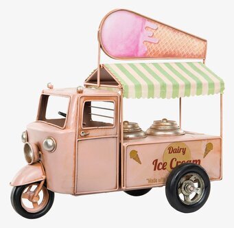 Bild på rosa glassvagn i metall med randig markis