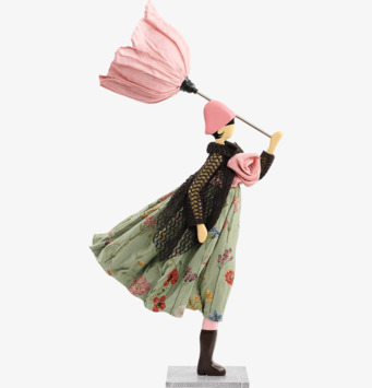 Foto: Figurformad bordslampa med rosa paraplyskärm