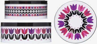 Bild av stilfulla rundade plåtburkar med tulpanmotiv