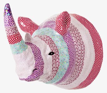 Paper Mache Rhino från Rice med livliga färger och mönster