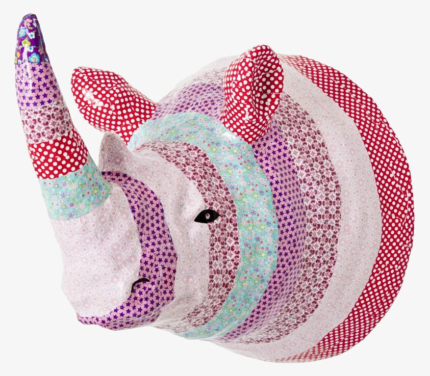 Paper Mache Rhino från Rice med livliga färger och mönster