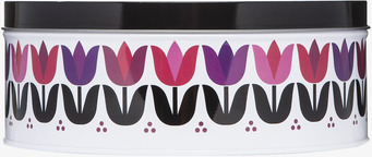 Bild av rund plåtburk med färgglada tulpanmönster