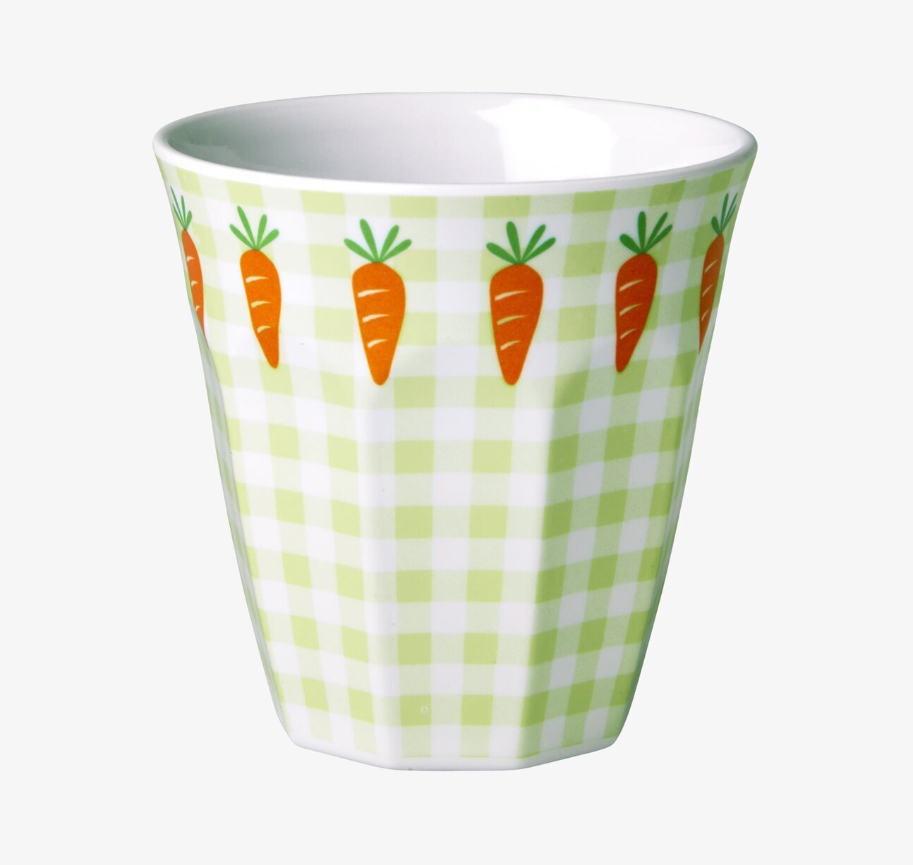 Bild av barnmugg med grönt gingham och morotsmotiv