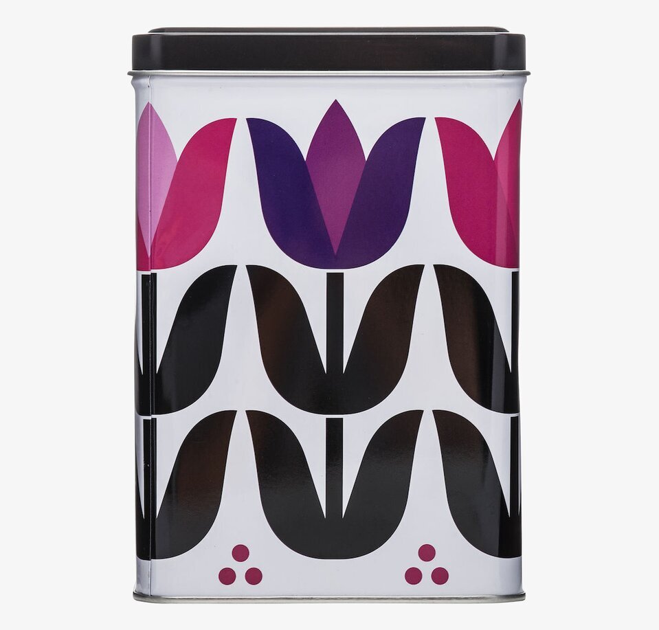 Bild av stilfull plåtburk med tulpanmönster i färg