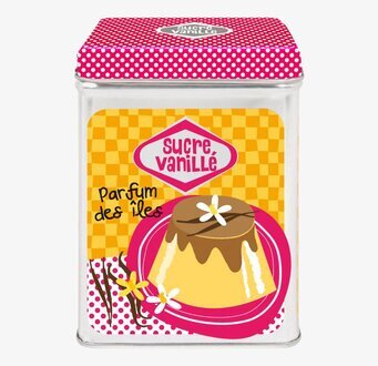 Bild av färgglad plåtburk med vaniljtema och mönster