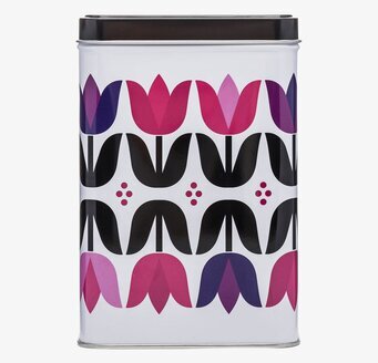 Bild av plåtburk med tulpanmönster för heminredning