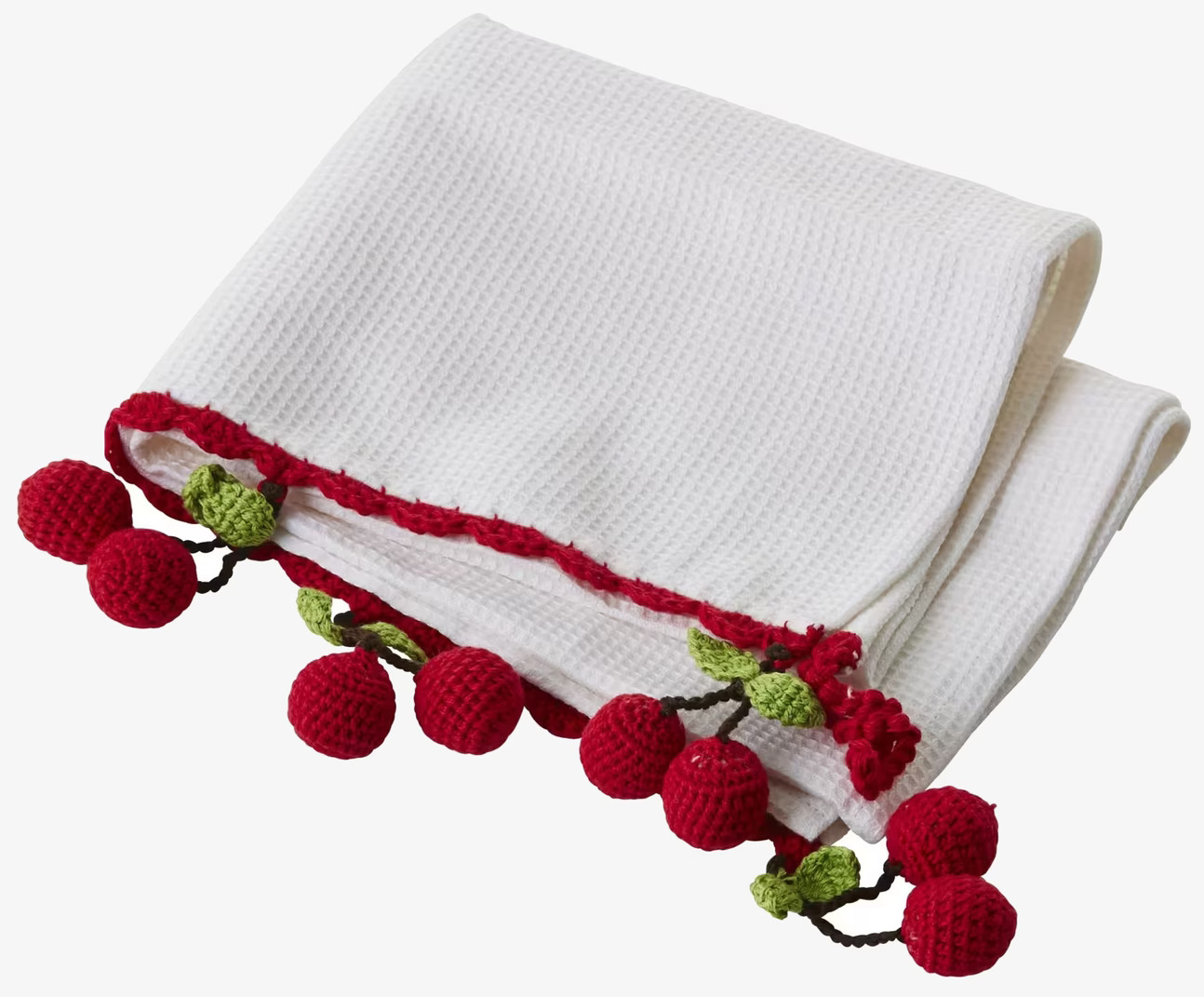 Tea Towel Crochet Cherries från Rice, vit med virkade körsbär