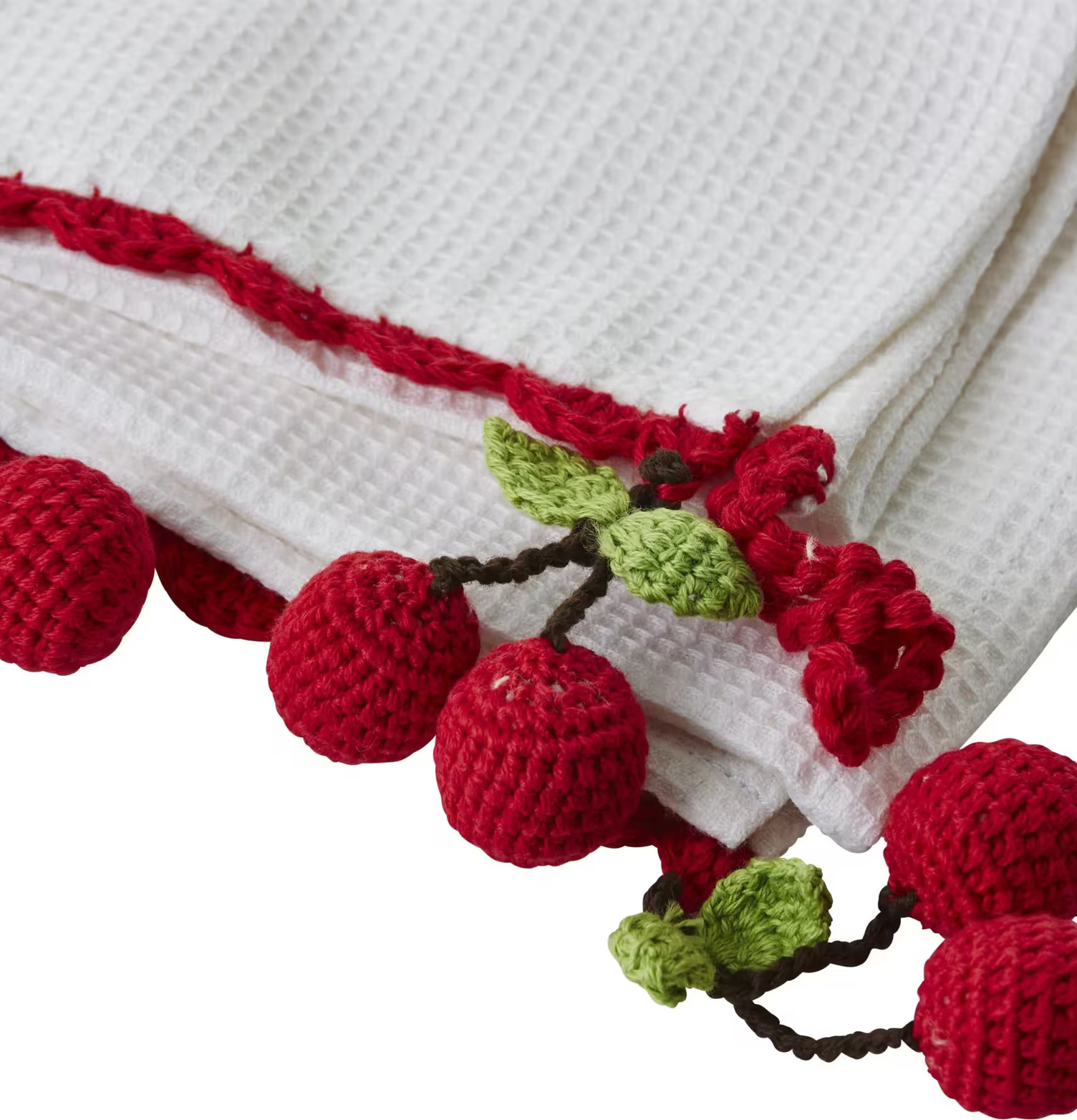 Tea Towel Crochet Cherries från Rice med virkade körsbär
