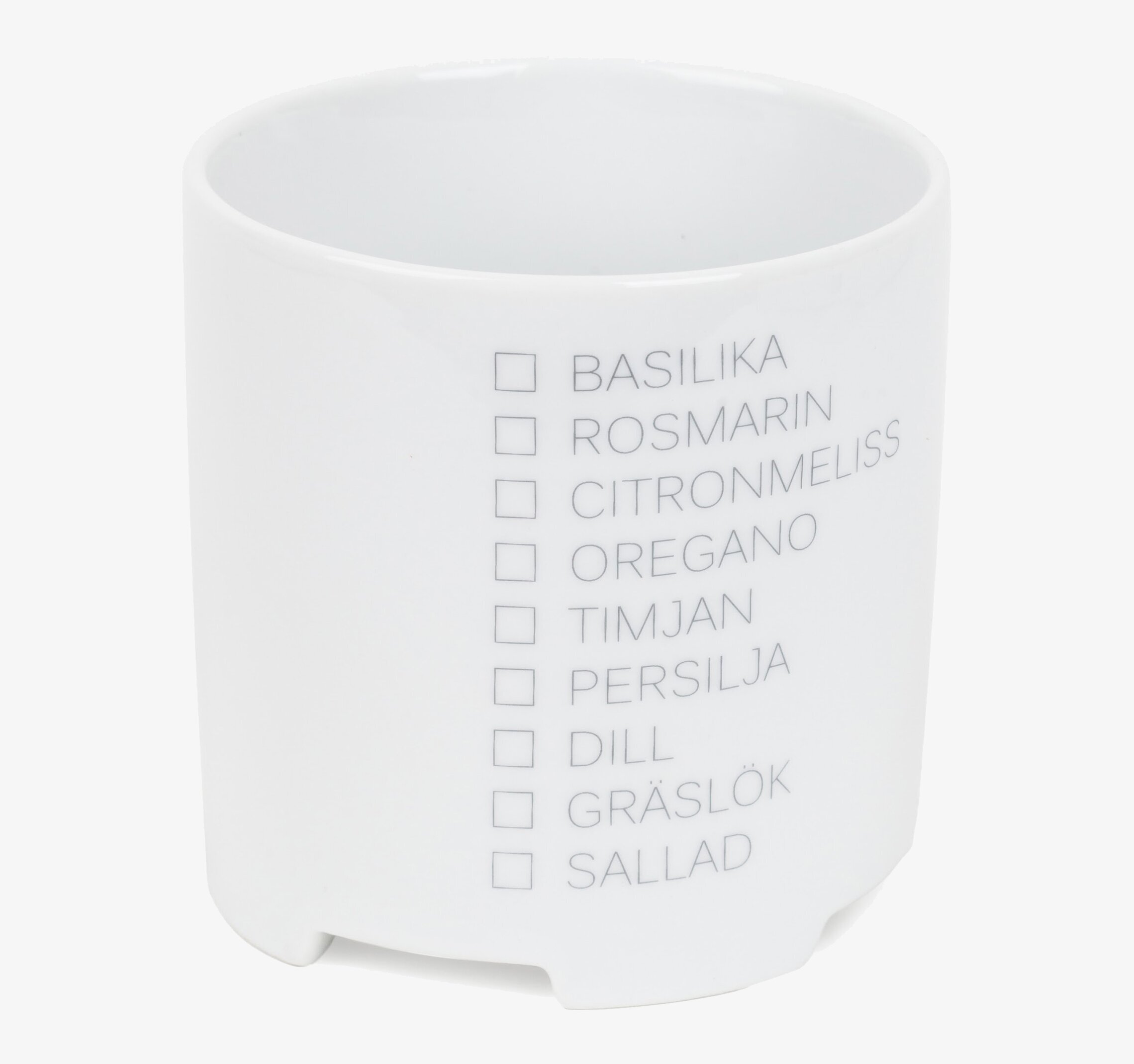 Örtkruka från Ernst i vitt porslin med örtlista på sidan