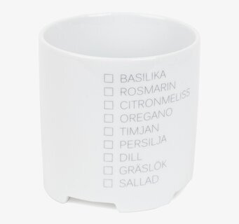 Örtkruka från Ernst i vitt porslin med örtlista på sidan