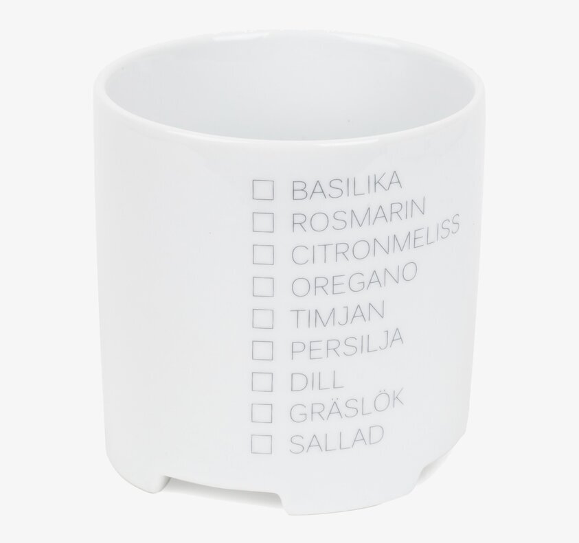 Örtkruka från Ernst i vitt porslin med örtlista på sidan