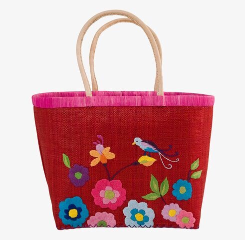 Väska Med Broderade Blommor.L från Rice, röd med blommor