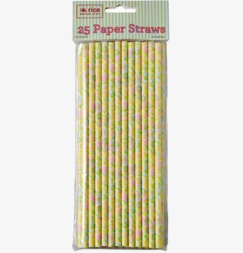 Sugrör 25-Pack Gul från Rice med blommigt mönster