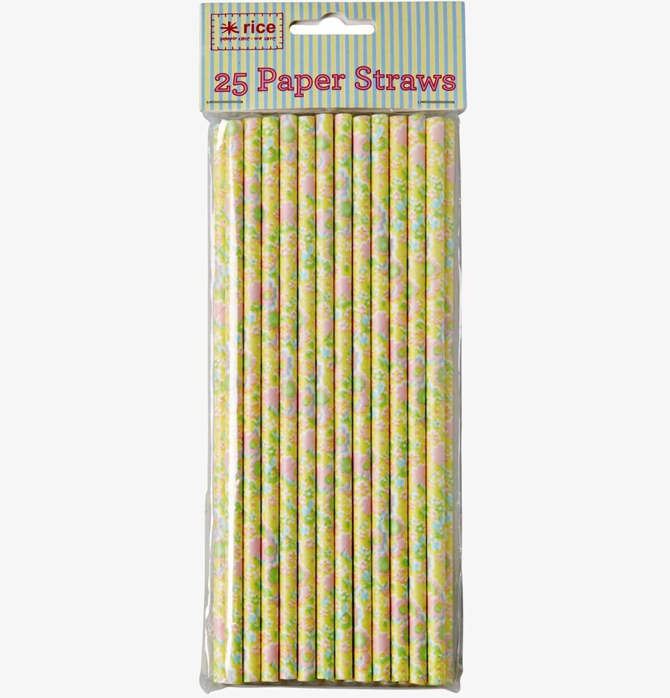 Sugrör 25-Pack Gul från Rice med blommigt mönster