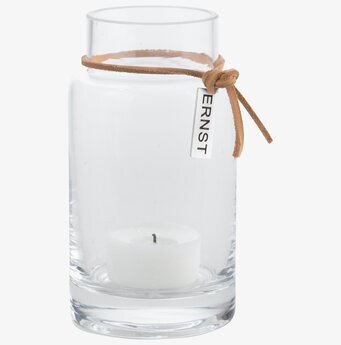 Bild av elegant vas/ljuslykta i glas med läderdetalj