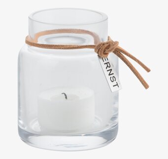 Bild av elegant värmeljuslykta i glas med läderdetalj