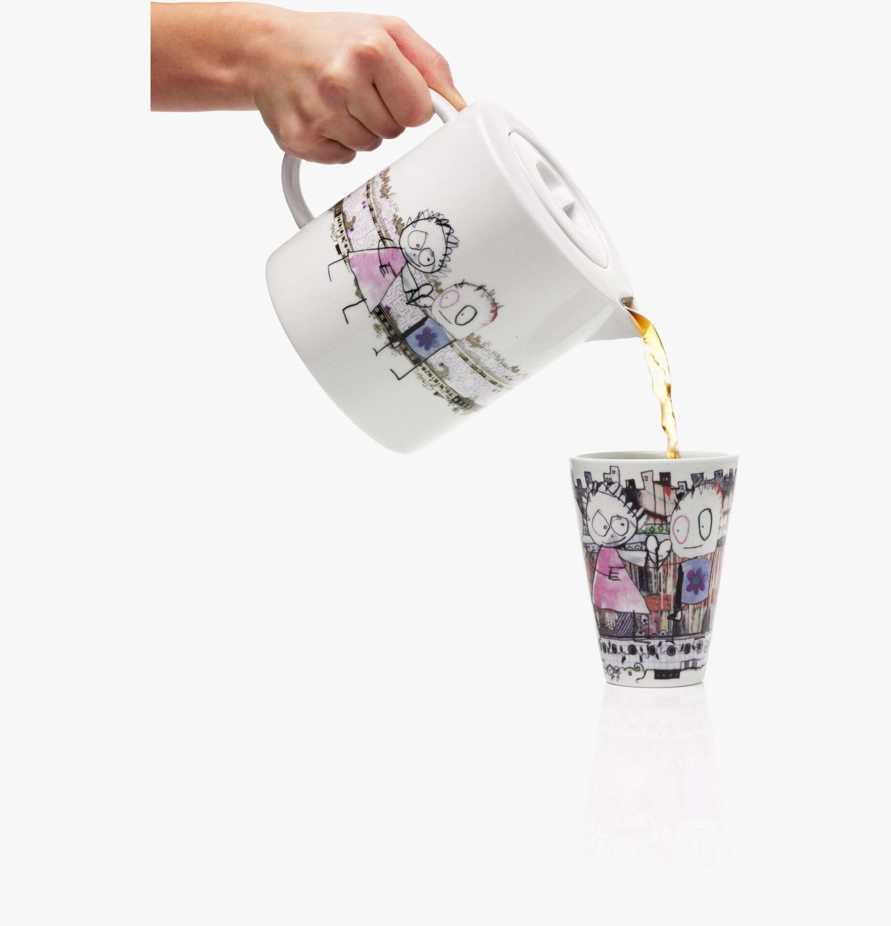 Tekanna Be Friends från Poul Pava med lekfulla illustrationer