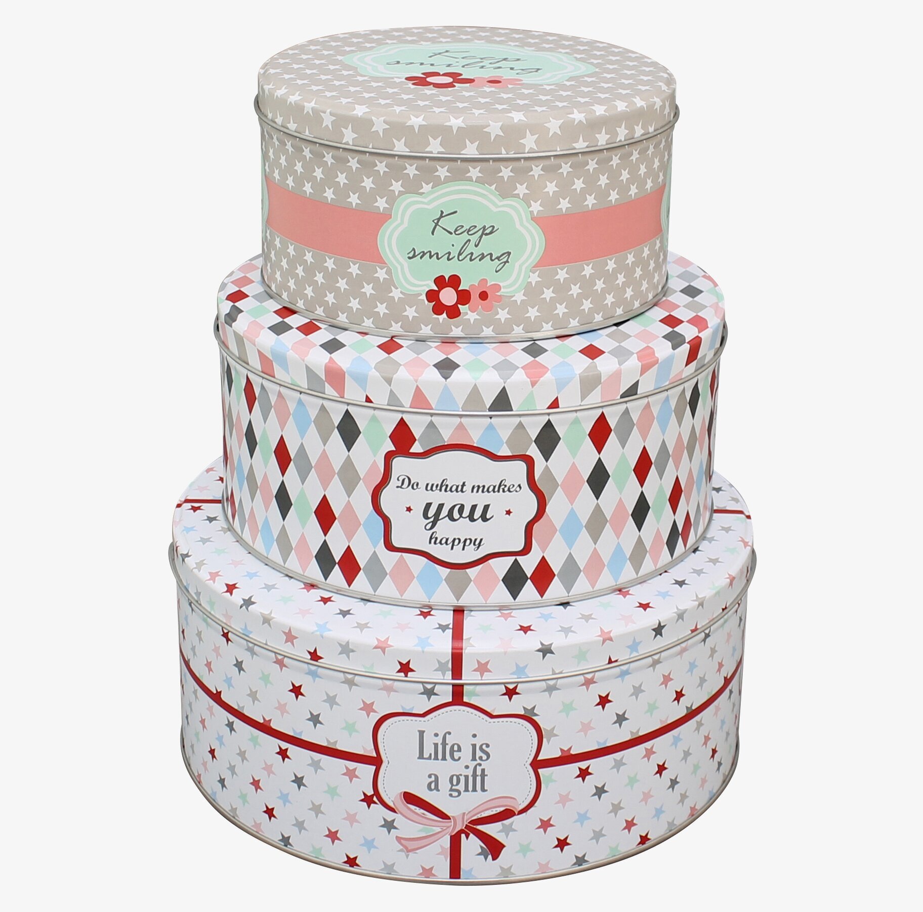 Krasilnikoff Tin Boxes Life Is A Gift, tre staplade burkar