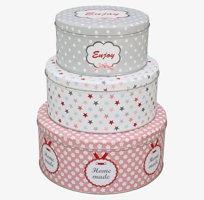 Tin Boxes Home Made från Krasilnikoff, staplade plåtlådor