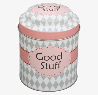 Bild av charmig plåtburk med harlekinmönster och rosa detaljer