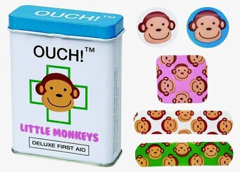 Plåster Apa från Ouch! i en blå och vit metallburk