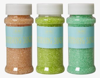 Sanding Sugar Bakdekoration från Rice i tre färgglada burkar