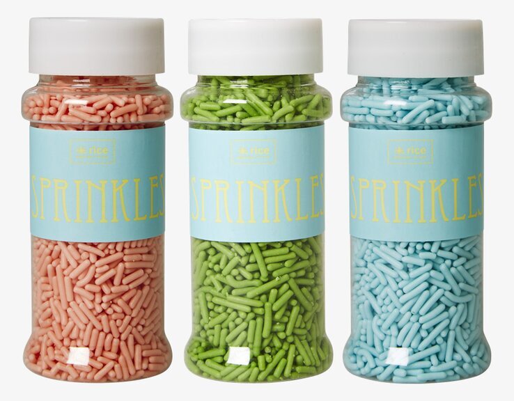Sugar Sprinkle Bakdekoration från Rice i tre färgglada burkar
