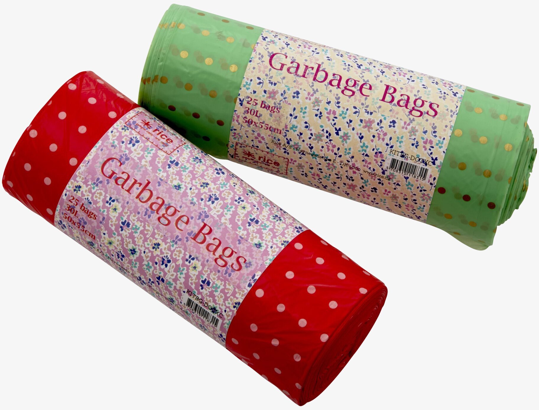 Trash Bags Polka Dots från Rice i röd och grön med prickar