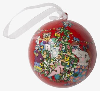 Handmålad julgranskula Röd från Rice med livfull julscen