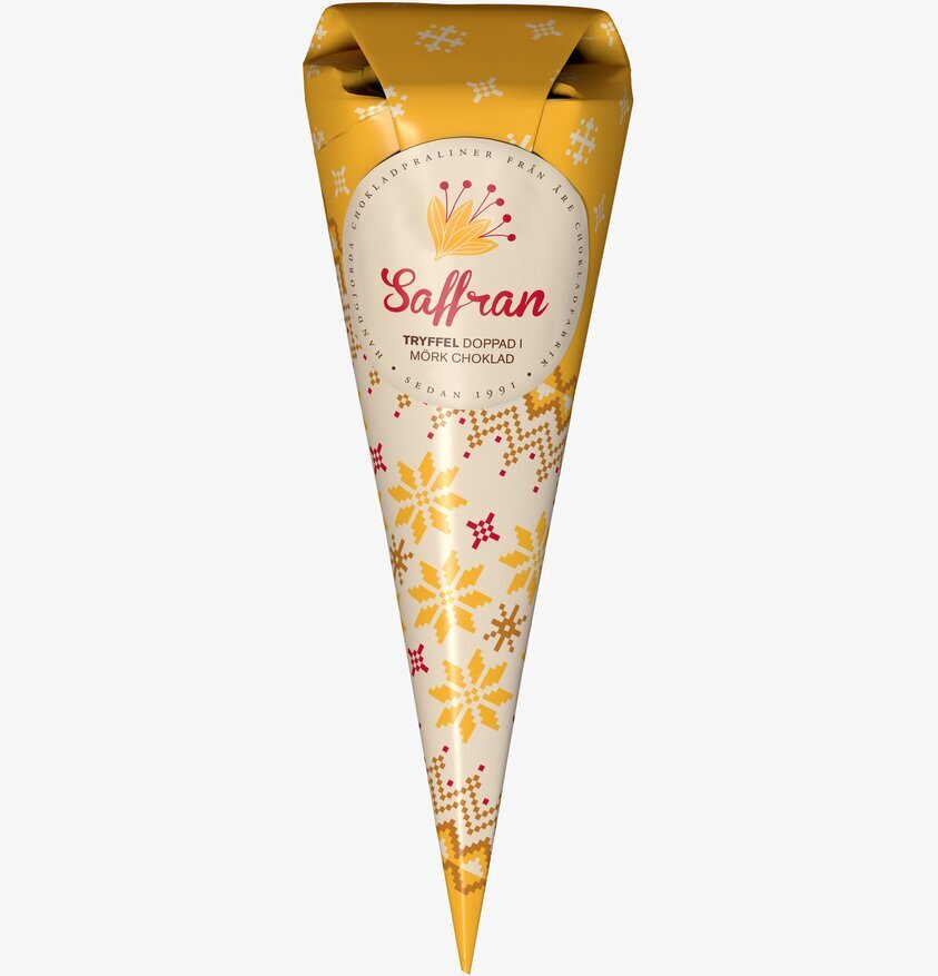 Saffranstryffel från Åre Chokladfabrik i gul förpackning