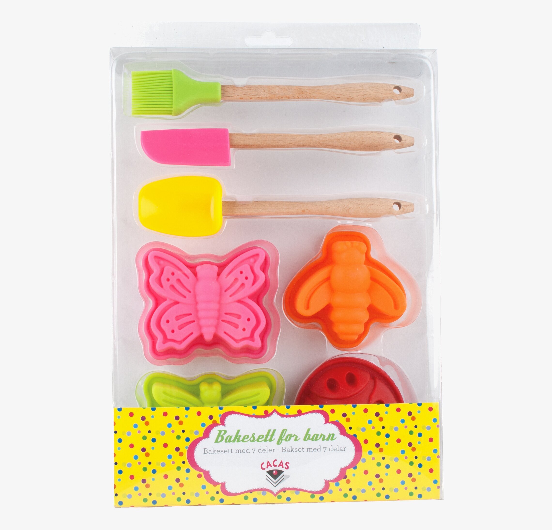 Mitt första bakset från Cacas, färgglada redskap och formar