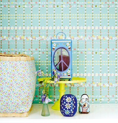 Tapet Rice från Rice med blommor i turkos, rosa och gult