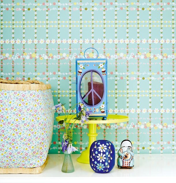 Tapet Rice från Rice med blommor i turkos, rosa och gult