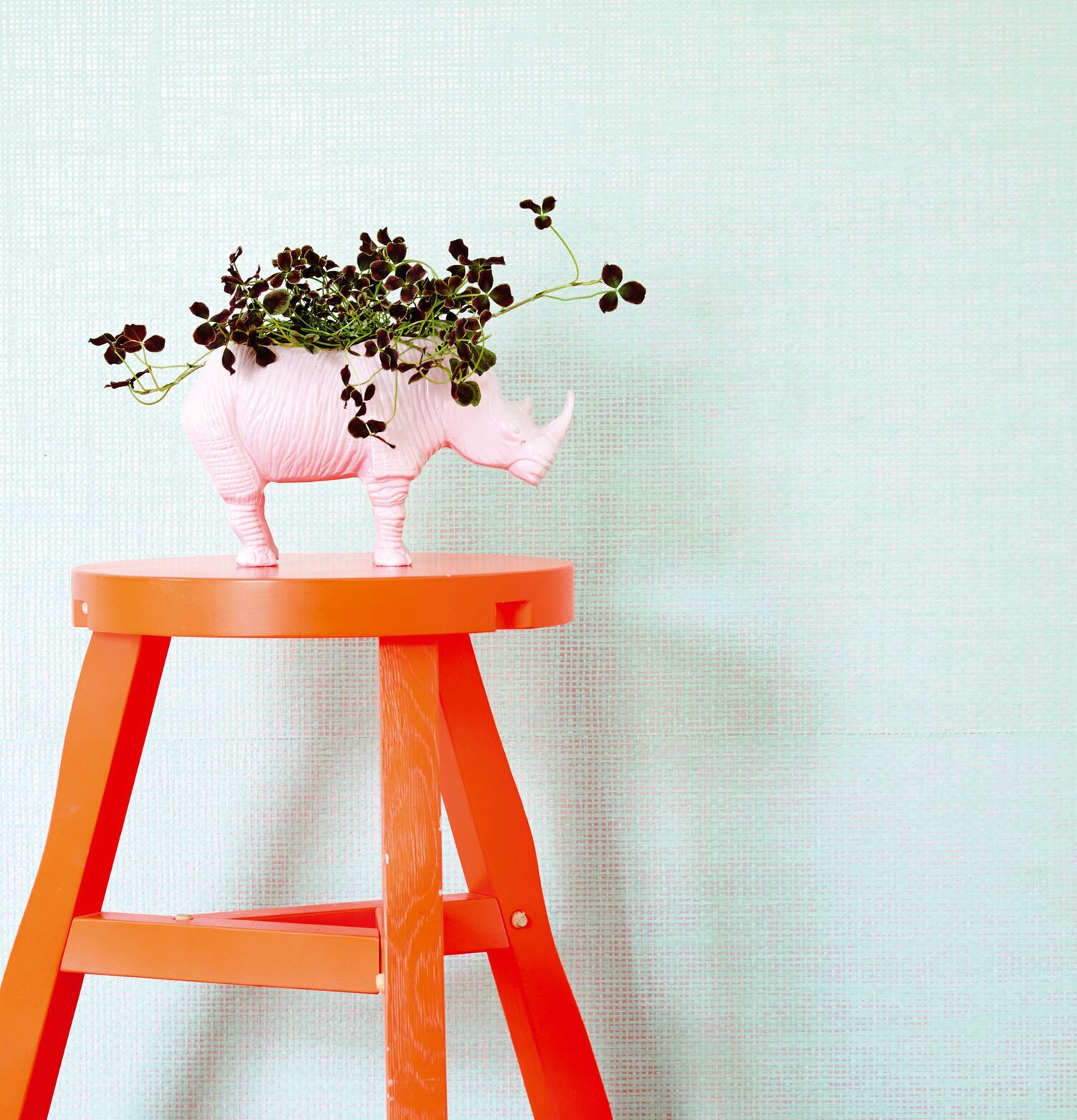 Tapet Rice från Rice med röd pall och noshörningkruka