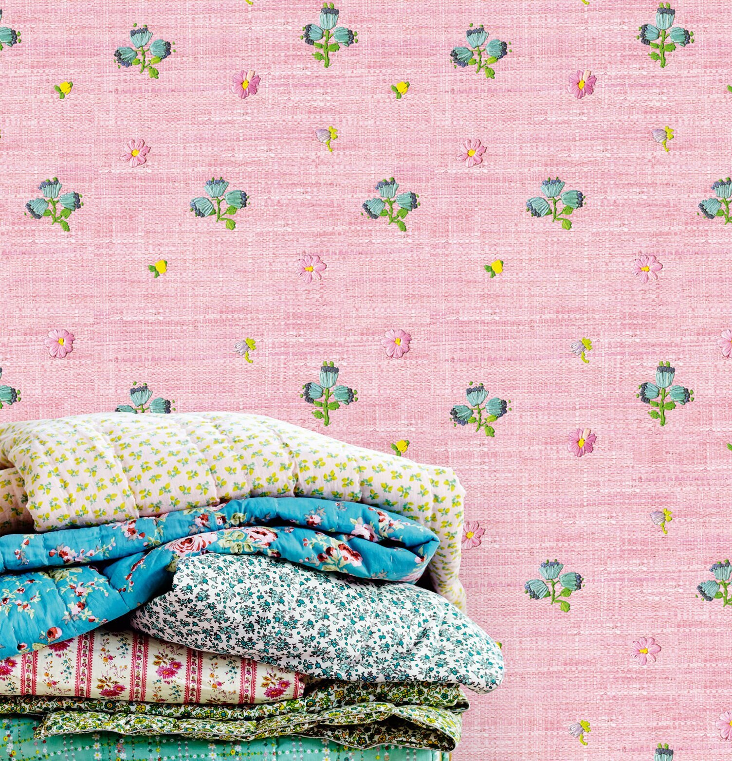 Tapet Raffia Pink från Rice med blommor och fjärilar