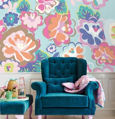 Tapet English Country Floral Aqua från Rice med blommönster