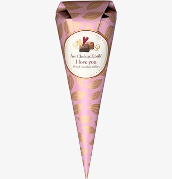 Chokladstrut I Love You från Åre Chokladfabrik, rosa och guld