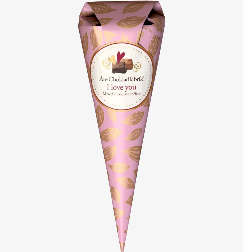 Chokladstrut I Love You från Åre Chokladfabrik, rosa och guld
