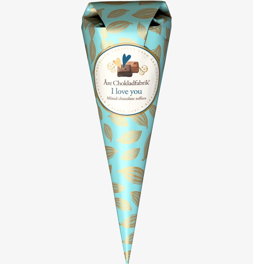 Chokladstrut I Love You från Åre Chokladfabrik i turkos förpackning