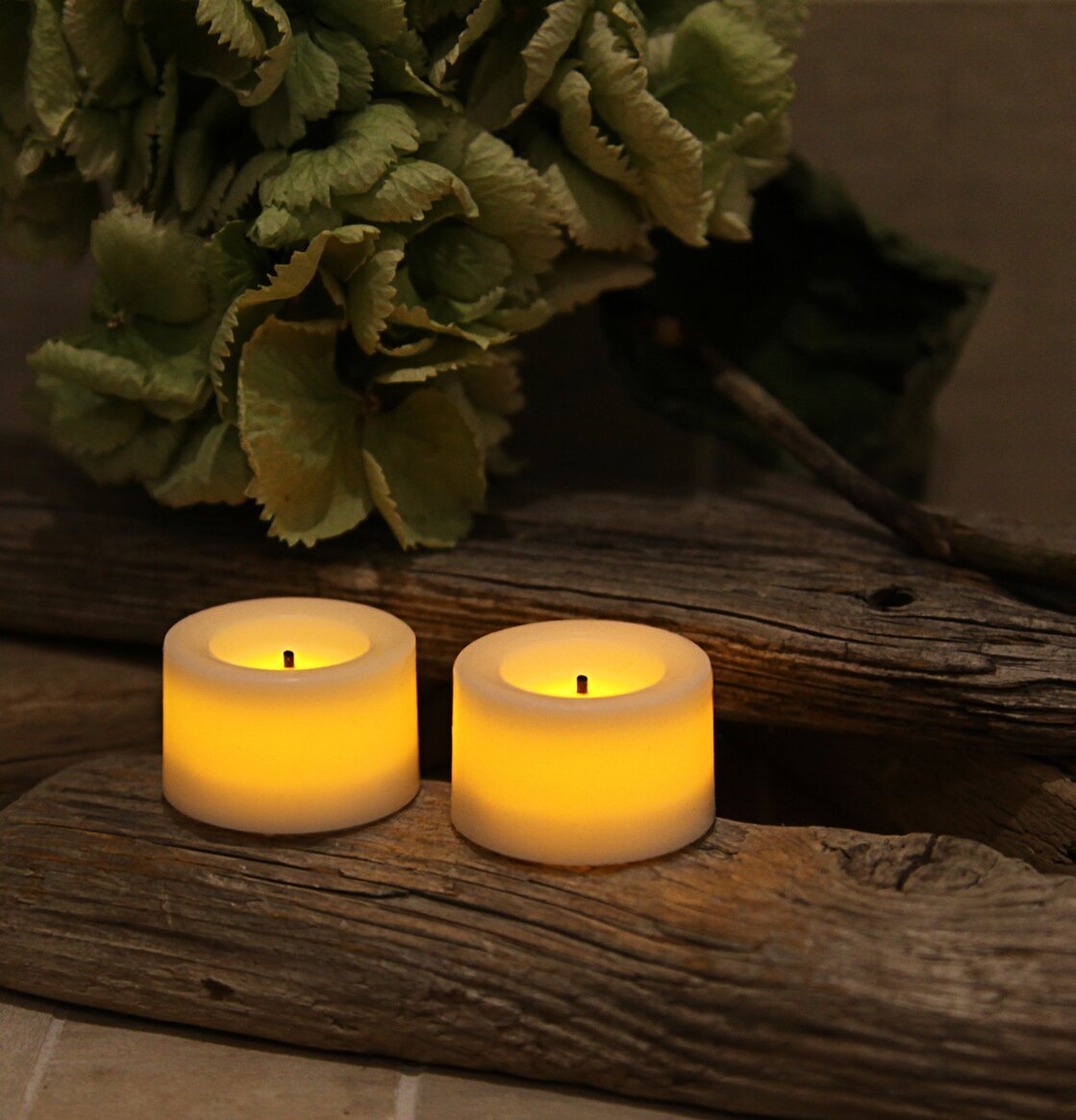 Värmeljus LED från Star Trading på drivved med gröna blad