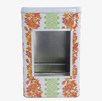 Bild av stor dekorativ plåtburk med blommigt mönster