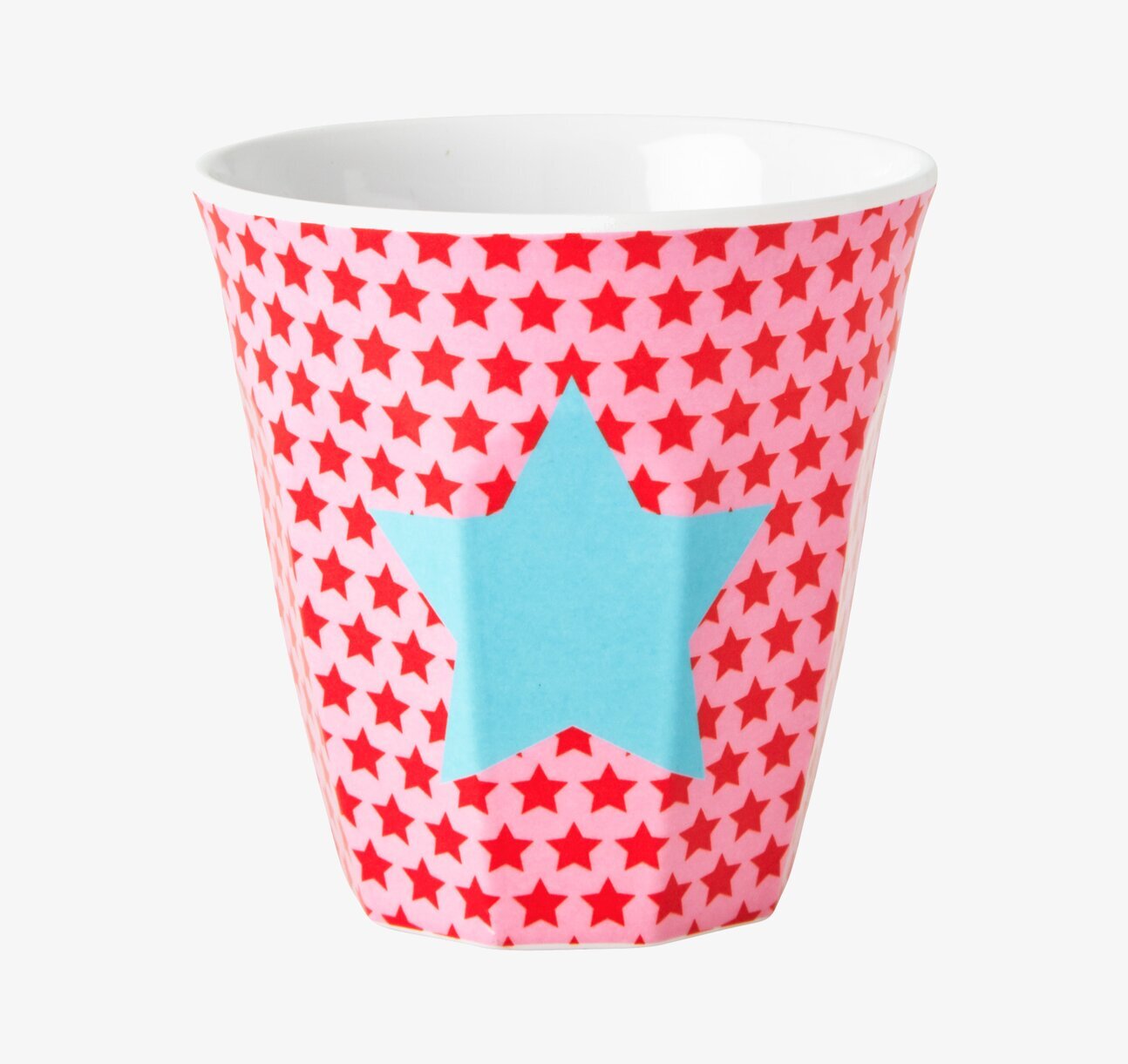 Bild av mugg med stjärnmönster i rött, rosa och blått