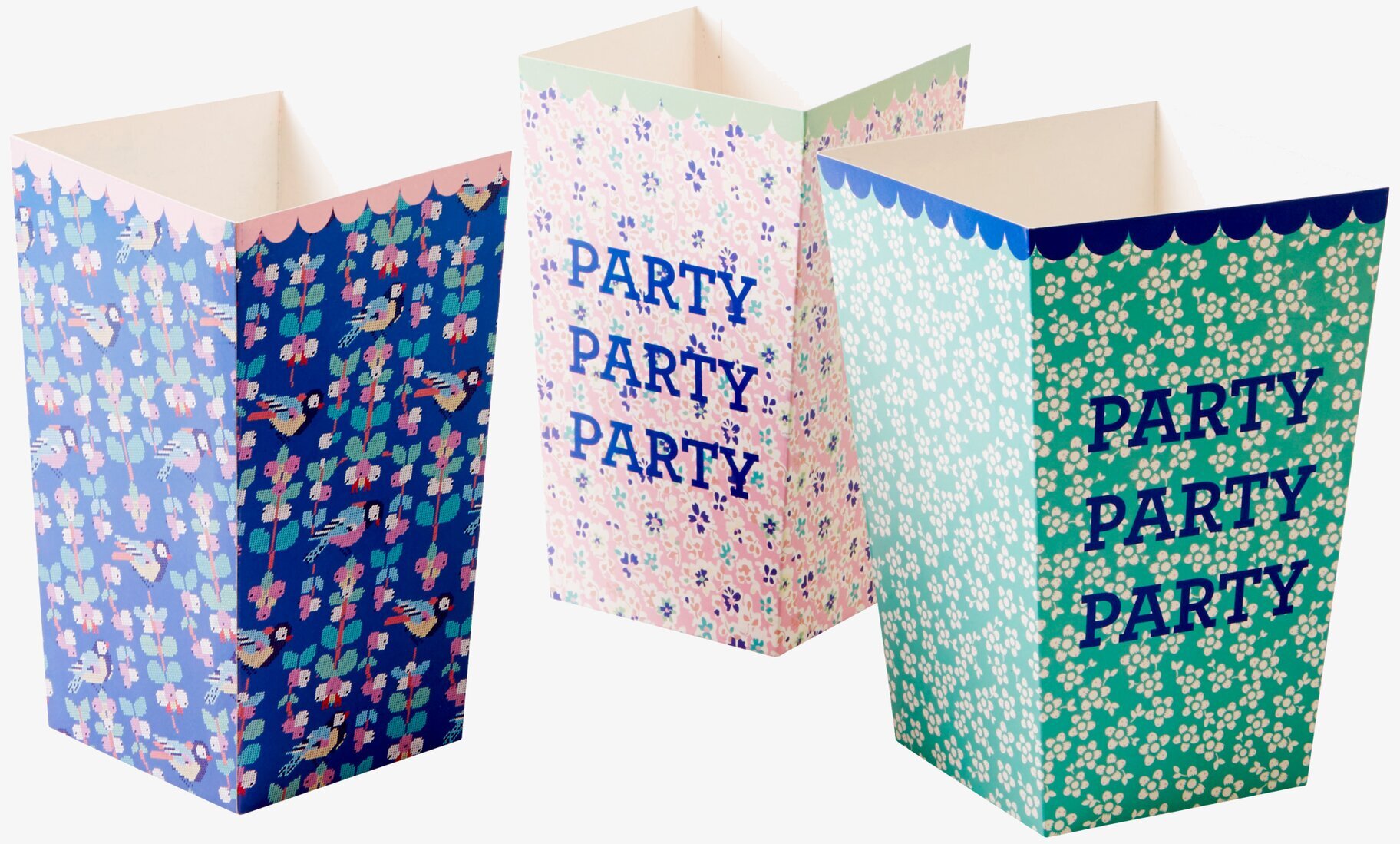 Bägare Popcorn från Rice med färgglada mönster och text